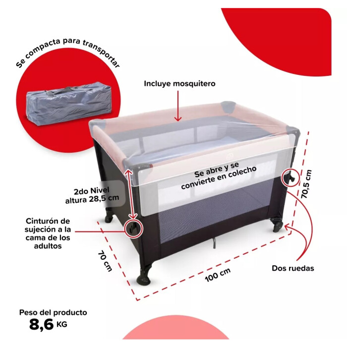 Practicuna Plegable Con Mosquitero Y Ruedas - Tinok Gris/Rosa