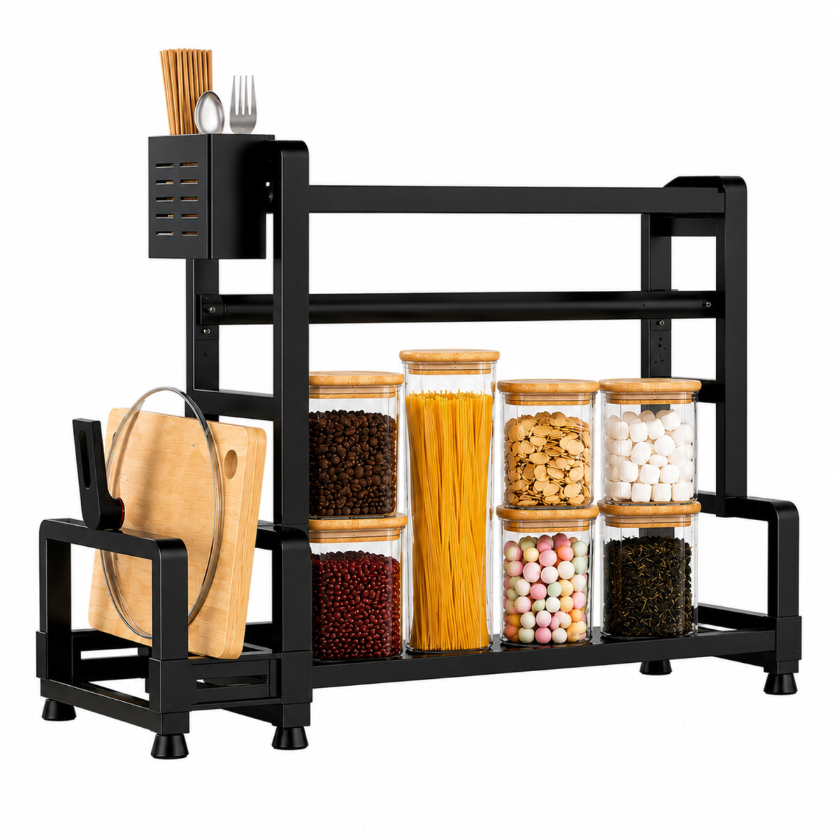 Set Organizador Especiero + 7 Recipientes Herméti Tapa Bambu - Negro 