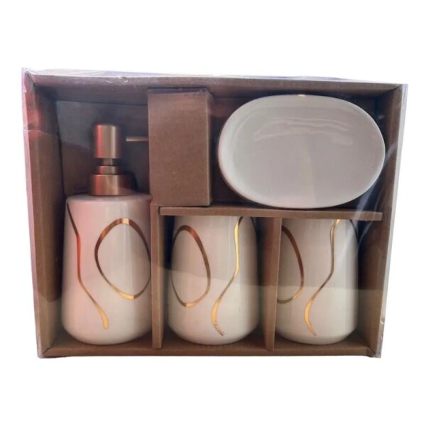 JUEGO DE ACCESORIO PARA BAÑO - CERAMICA 4 PIEZAS BLANCO/DORADO JUEGO DE ACCESORIO PARA BAÑO - CERAMICA 4 PIEZAS BLANCO/DORADO