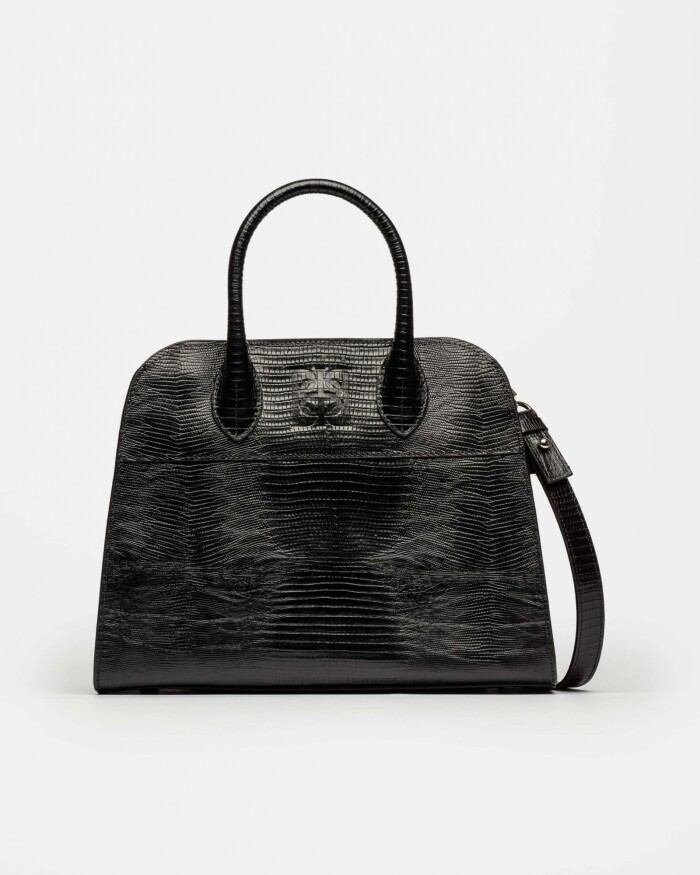 Cartera de Mano The Roots En Cuero Grabado Lagarto Negro