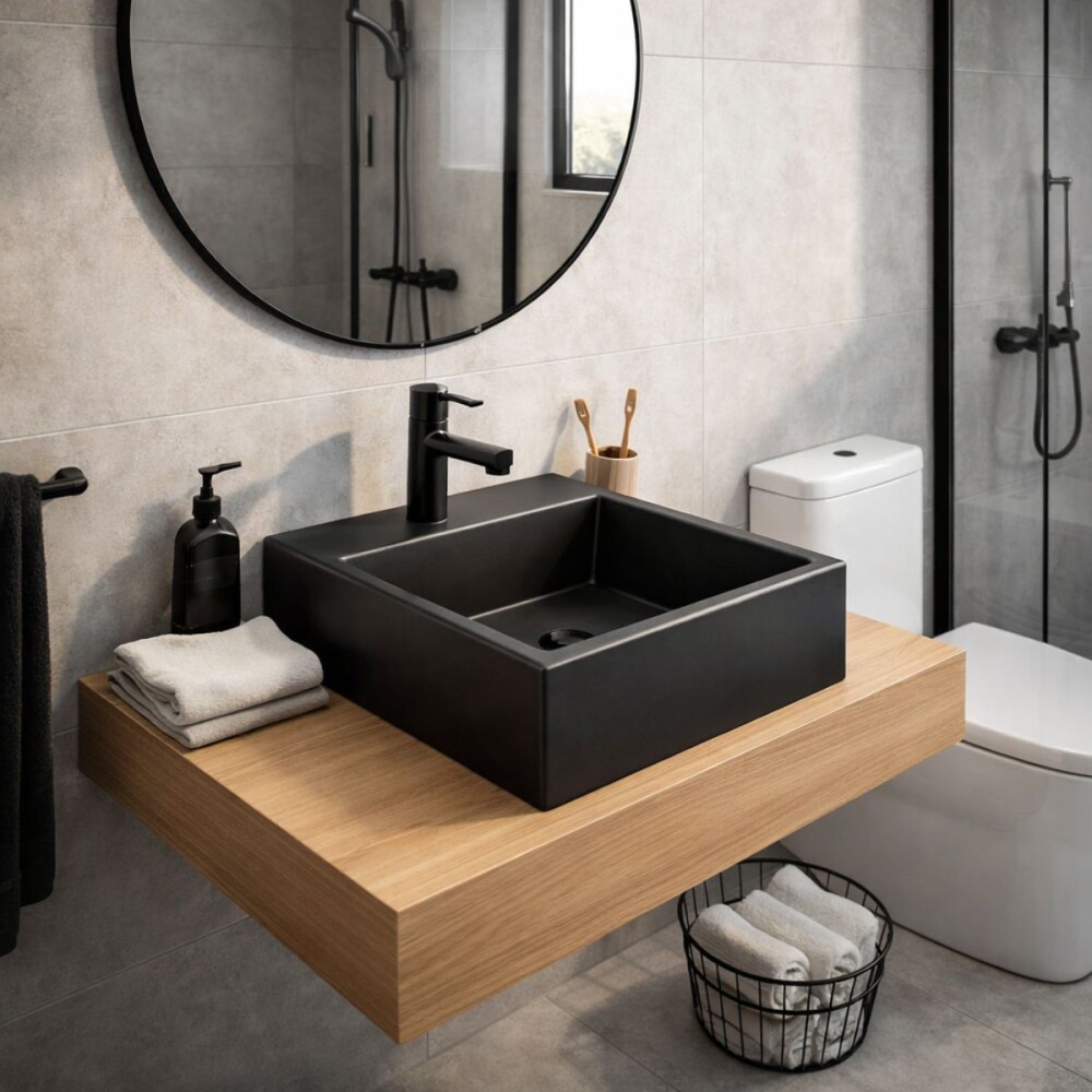 Bacha de apoyo cuadrada 41 cm c/mesa negro mate Celite Bacha De Apoyo Cuadrada 41 Cm C/mesa Negro Mate Celite