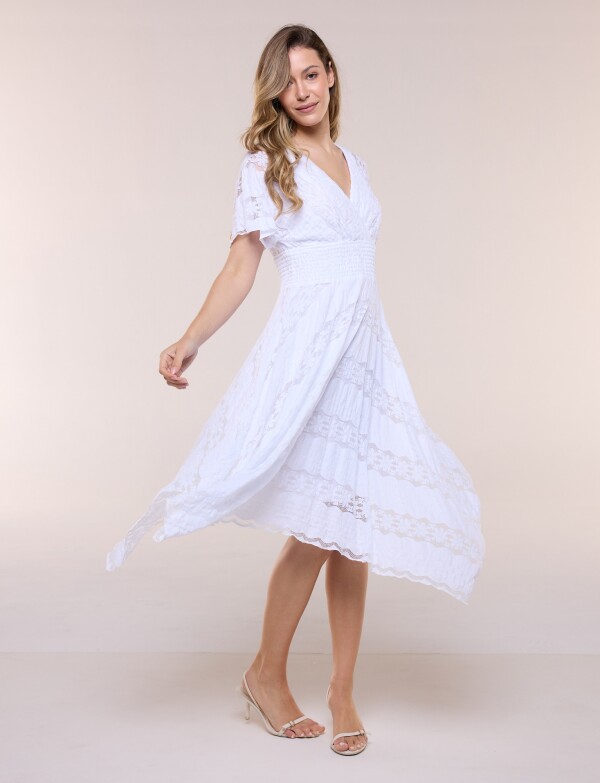 Vestido De Encaje Con Frunces BLANCO