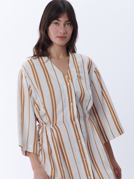 Vestido camisero rayado Blanco Y Camel