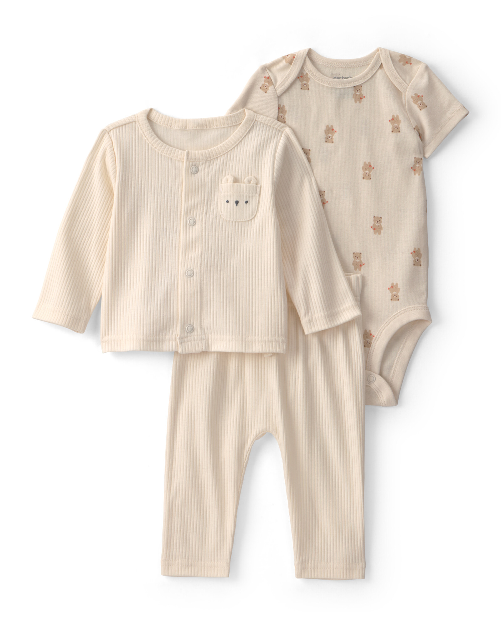 Set tres piezas de algodón, pantalón, body y saco, crema, diseño oso Set tres piezas de algodón, pantalón, body y saco, crema, diseño oso
