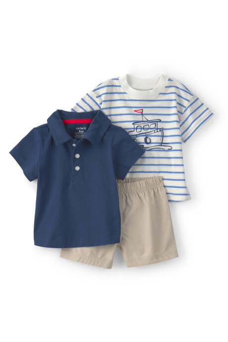 Set tres piezas de algodón, short, remera polo y remera estampa barco Sin color