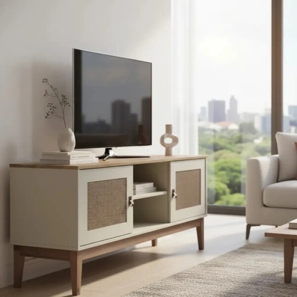Rack Para Tv 50'' Rattan 2 Puertas 1 Estante 135 Cm Nórdico Blanco 1