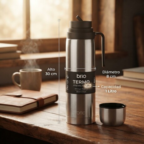 Termo brío premium 1 litro con pico cebador en acero inox Silver