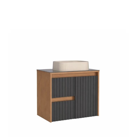 Mueble de baño suspendido Kyoto Negro 61 cm con tapa de vidrio y bacha de loza Mueble De Baño Suspendido Kyoto Negro 61 Cm Con Tapa De Vidrio Y Bacha De Loza