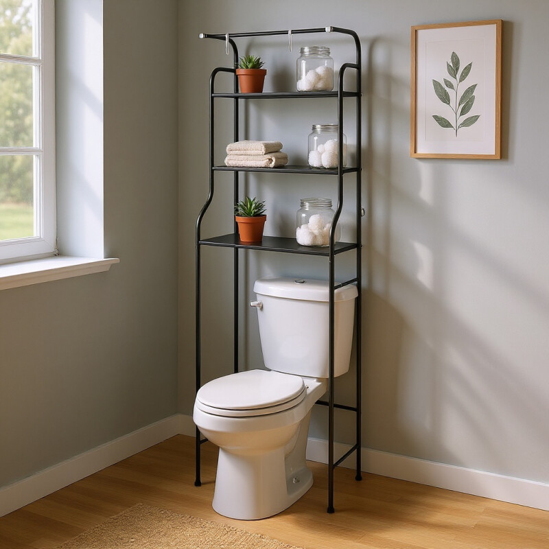 Mueble Metal Organizador Rack Sobre Inodoro tres estantes Negro