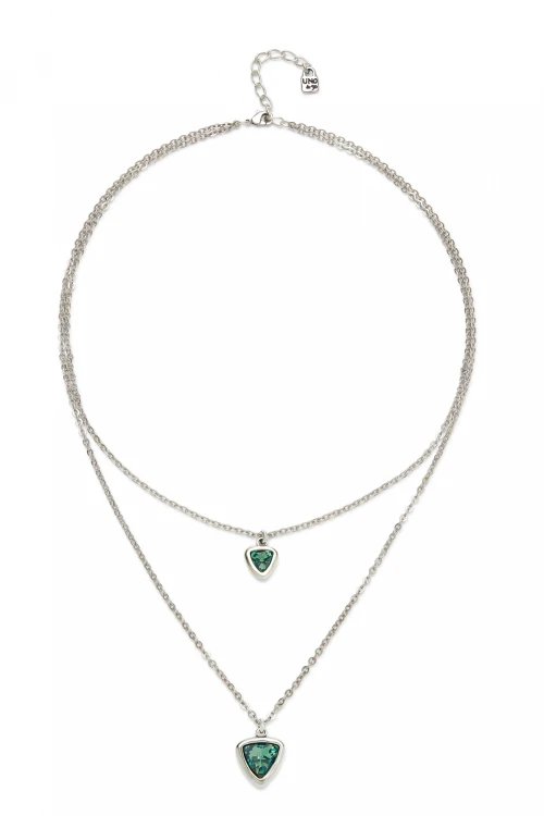 COLGANTE DE ALEACION DE METALES BAÑADO EN PLATA DE LEY CON DOBLE CADENA Y TRIÁNGULO DE CRISTAL VERDE Colgante