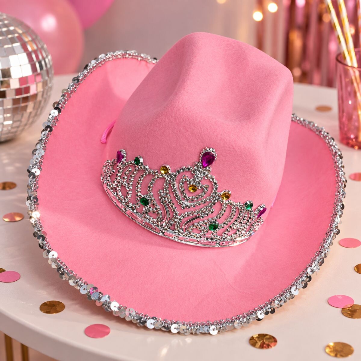 Gorro Cowboy Con Corona y Luz - Rosa 