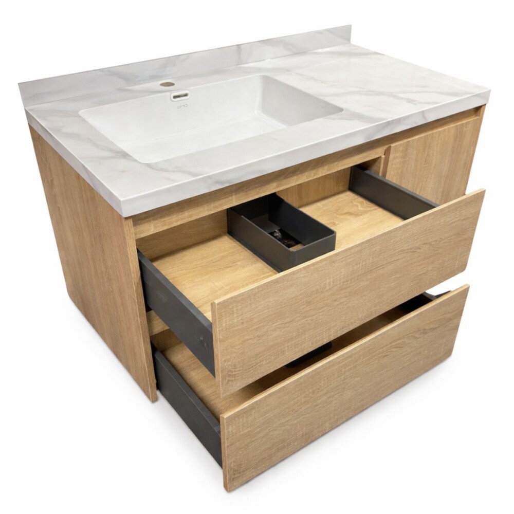 Mueble de baño suspendido Vip Oak 100cm mesada calacata con Bacha de Loza Mueble De Baño Suspendido Vip Oak 100cm Mesada Calacata Con Bacha De Loza