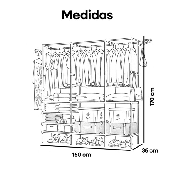 Perchero Organizador Ropero IMBACK IBK-PER009 | 160 cm, Estructura Metálica Reforzada, 8 Estantes y Colgador de Ropa Negro Perchero Organizador Ropero IMBACK IBK-PER009 | 160 cm, Estructura Metálica Reforzada, 8 Estantes y Colgador de Ropa Negro