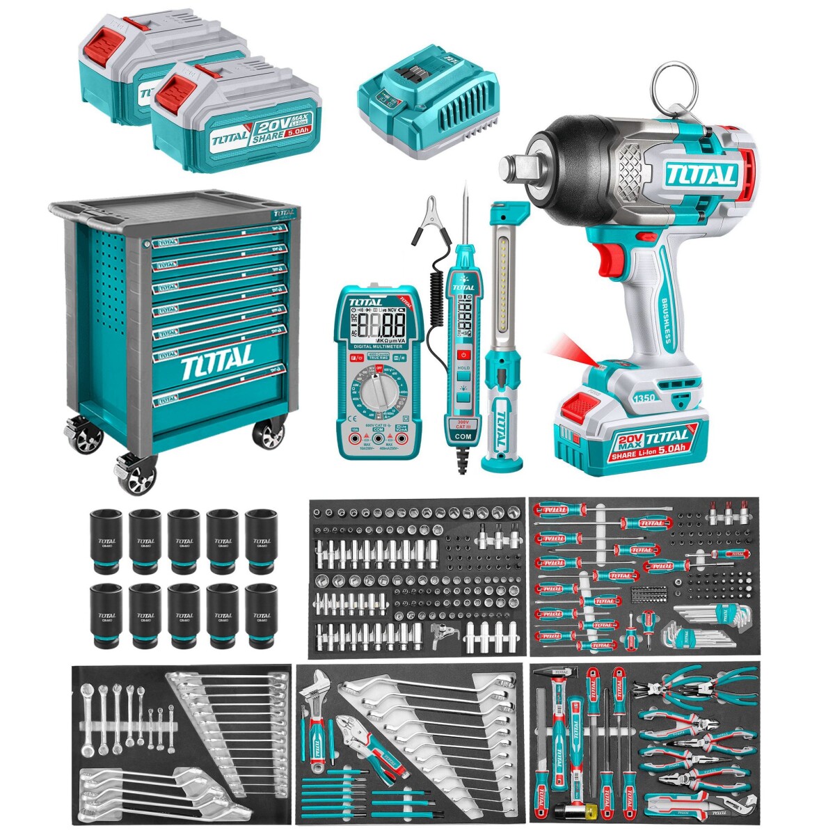 Set De 288 Piezas: Gabinete Organizador Con Llave Impacto 20v 3/4", Multímetro, Tester, Linterna, Herramientas Manuales 