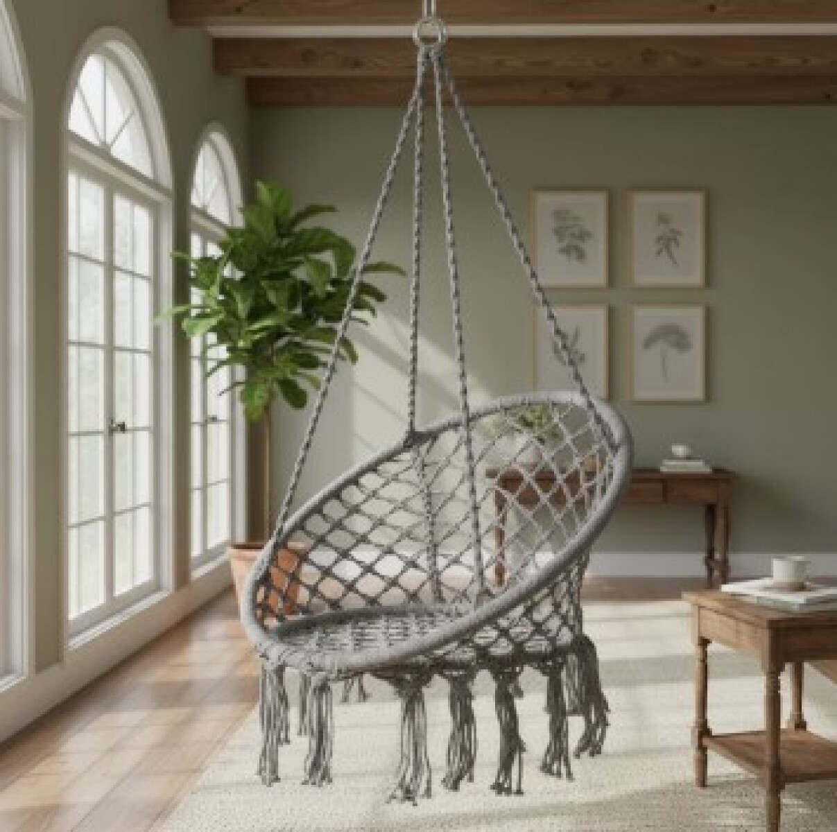 Silla Colgante / Hamaca Gris Algodón Ø 95cm x Alto 195cm 
