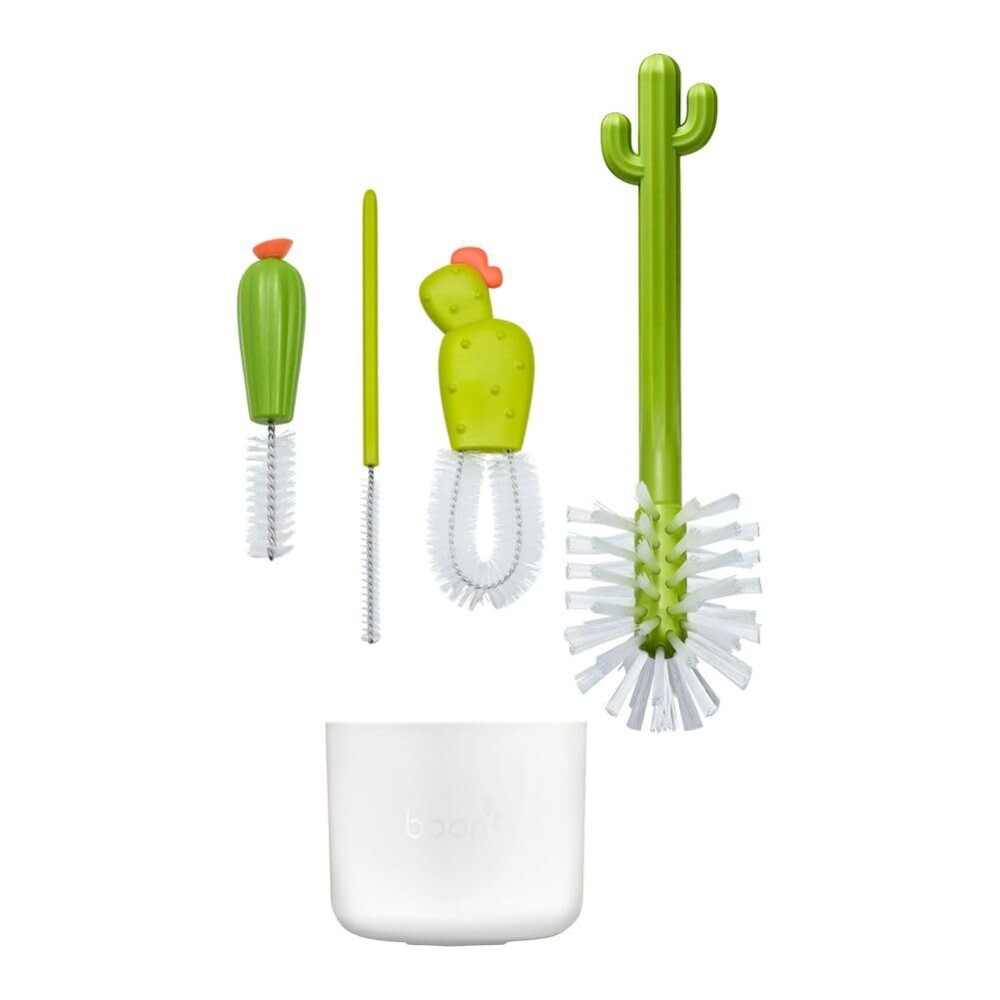 Set de cepillos limpia Biberones Cactus con base Boon verde blanco