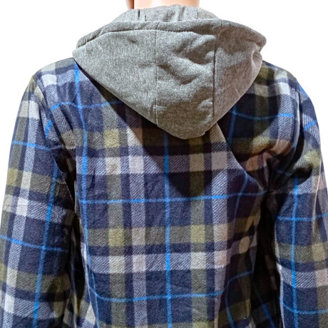 Campera Camisa Leñadora Cangurito Capucha Botones Azul-Gris