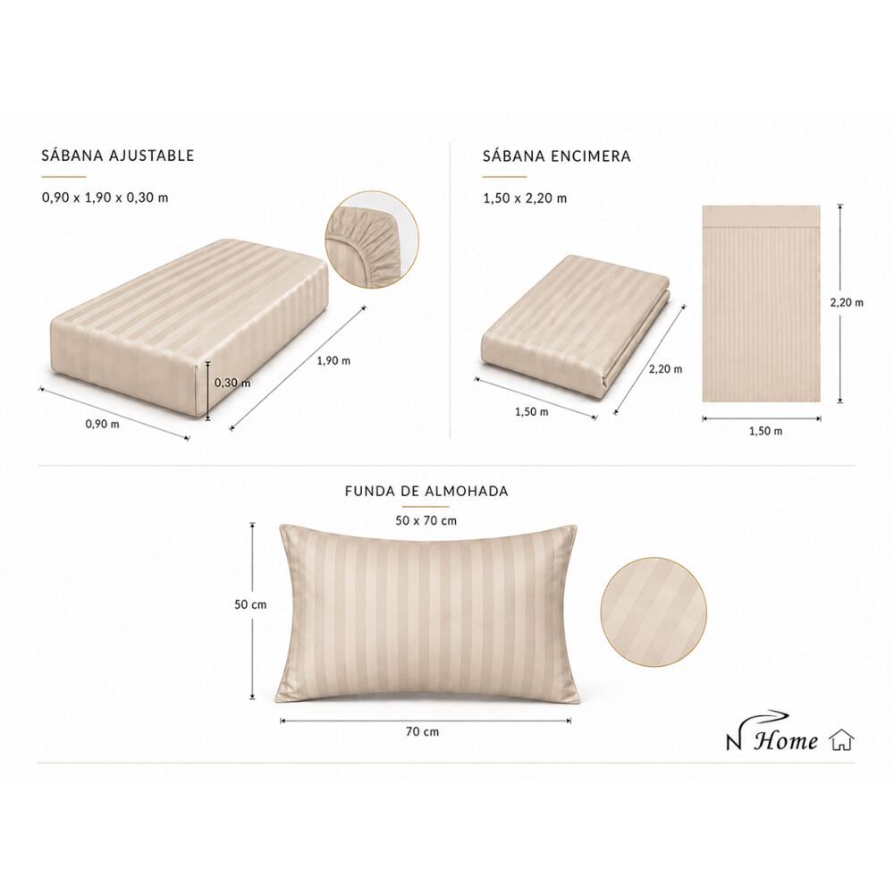Juego Completo de Sabanas 1 Plaza 400 Hilos Premium Beige