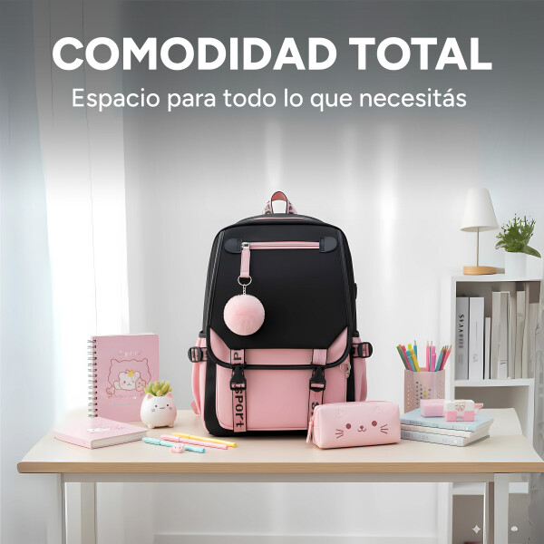 Pack x3 Mochila Kawaii Impermeable Usb Multuso Resistente Variante Color Rosa Negro