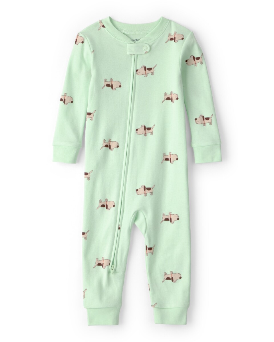 Pijama enterito de algodón, verde, diseño perros. Talles 2-5T 