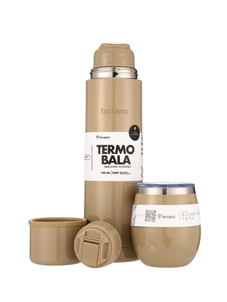 Kit Acero Bala Metalizado - 750mL + Mate Con Tapa Arena