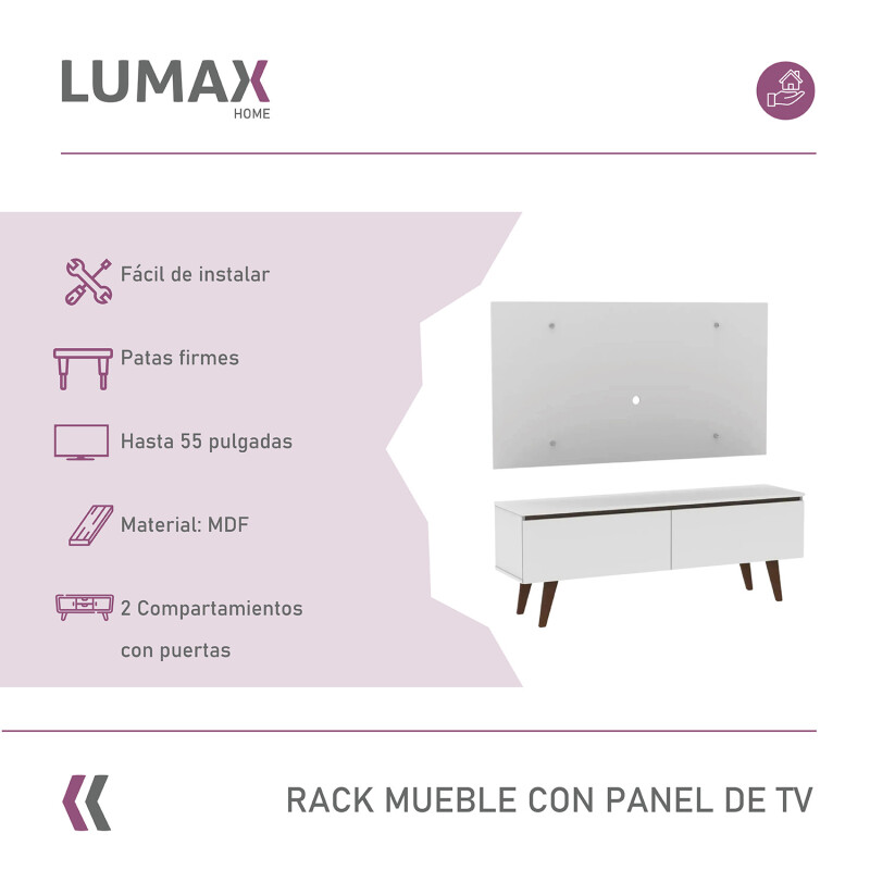 Rack TV mueble Lumax + panel rústico con estantes 55” Blanco/Blanco