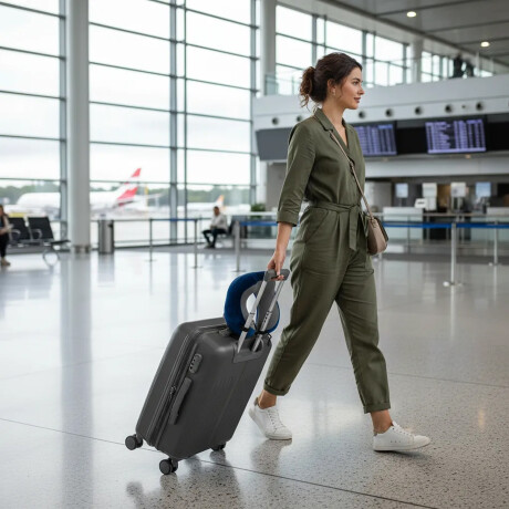 Set Valija Mediana Rígida + Almohadón Cervical Memoria Azul Gris Oscuro