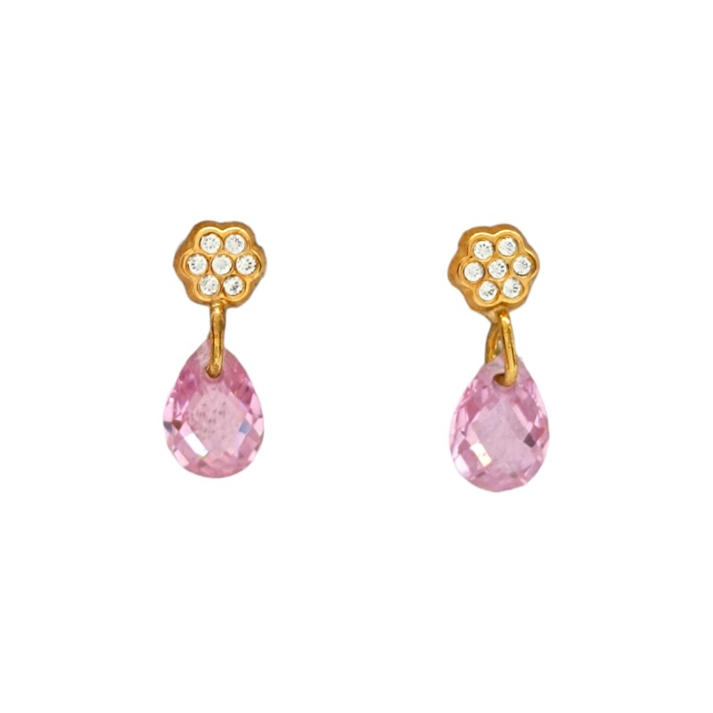 Caravanas Flor y Lagrima Zirconia rosa - Oro bajo - Zirconias rosa y blanca - CA8163 conpiedra