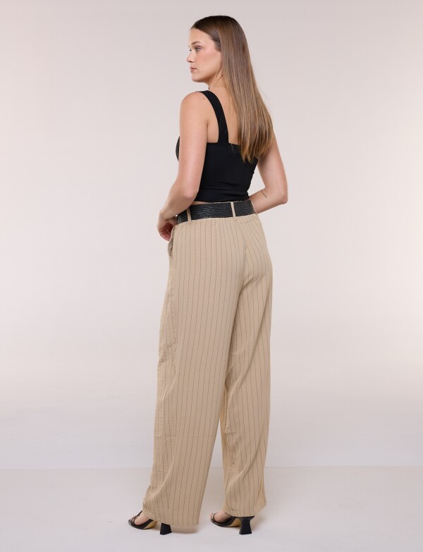 Pantalon Wide Leg Rayado Con Cinturón De Rafia BEIGE