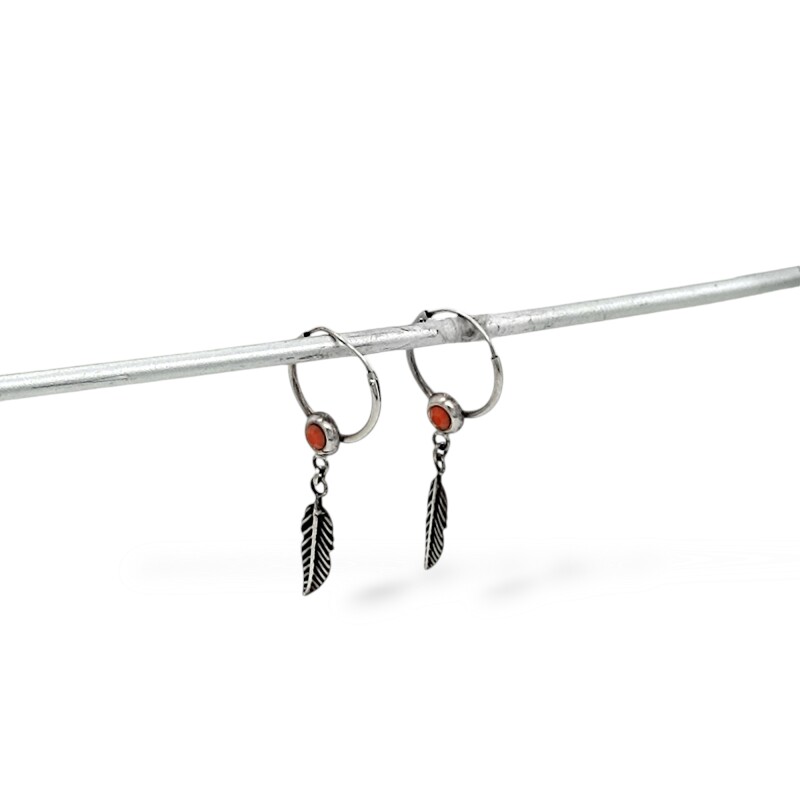 Caravanas pendientes Aros pluma - Plata 925 - Coral rojo -CA3920 conpiedra