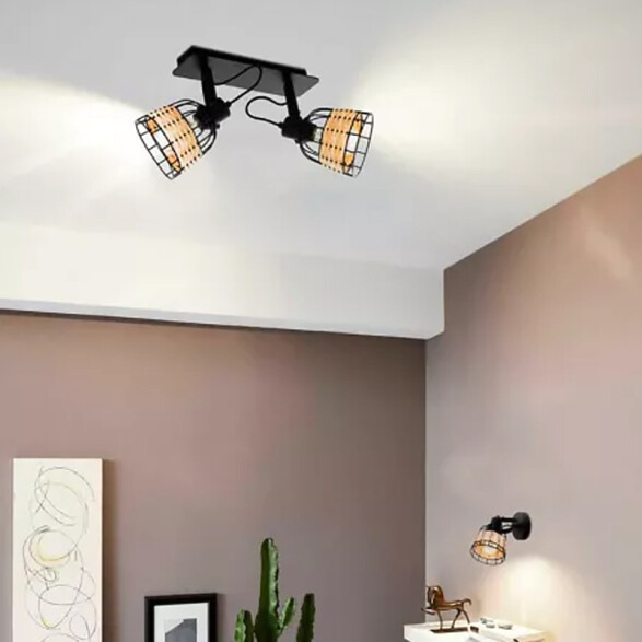 Spot de 2 luces E27 pantallas acero y ratán ANWICK EG4074