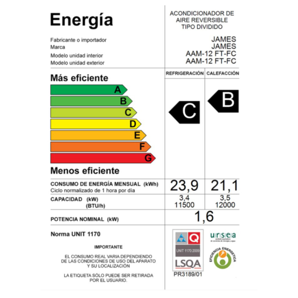 AIRE ACONDICIONADO JAMES 12000-BTU ON/OFF AAM-12 FT-FC