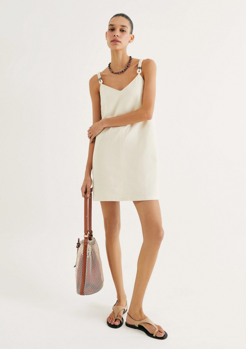 VESTIDO RECTO CORTO CON ESCOTE EN V - BEIGE 
