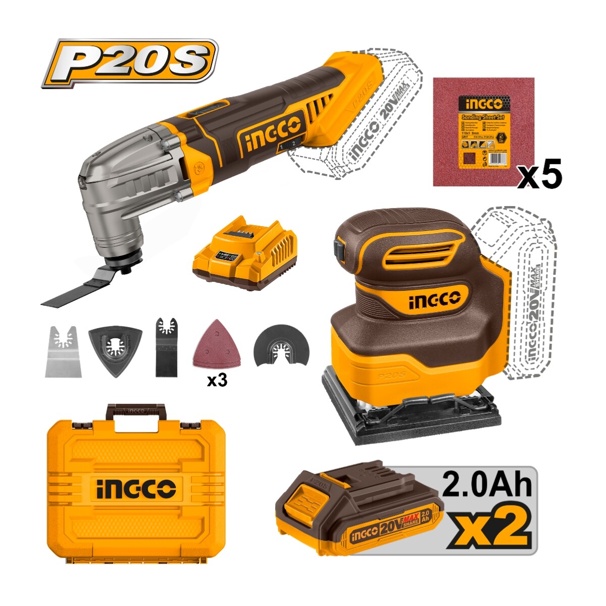 Combo Lijadora Orbital 20V P20S + Herramienta Multifuncion 20V + 2X Bat 2AH + Valija 