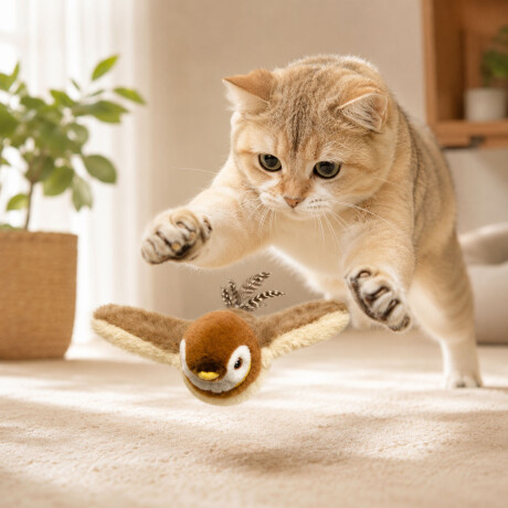 Juguete Para Gato Pájaro Interactivo C/Movimiento Sonido Usb Marrón