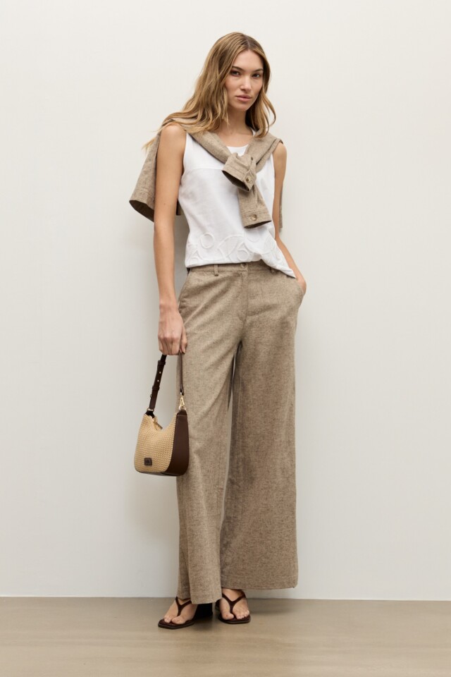 Pantalon wide leg lino con tajos chocolate melange