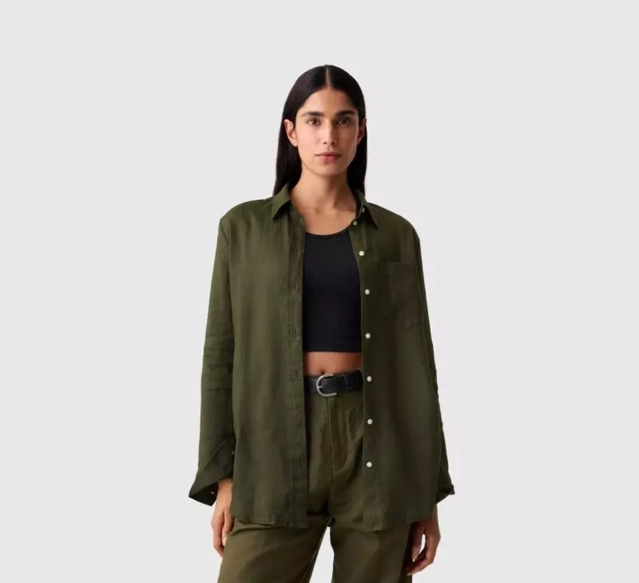 Camisa Boyfriend De Lino Mujer - Olive Night 19-0515Tcx 