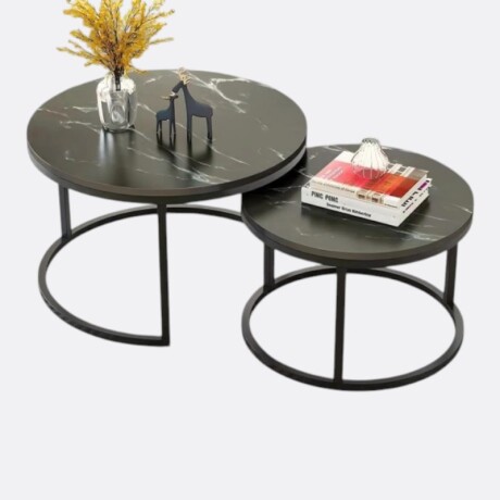 Mesa Auxiliar Circular Doble Chica Marmolado Negro y Blanco