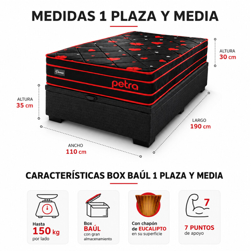 Sommier Colchón Con Box Baul Petra Domus 1 Y 1/2 Plazas Espuma de alta densidad Reversible Sommier Colchón Con Box Baul Petra Domus 1 Y 1/2 Plazas Espuma De Alta Densidad Reversible