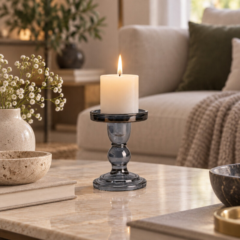 Candelabro Portavelas de Vidrio Color Humo 11,5 cm Candelabro Portavelas de Vidrio Color Humo 11,5 cm
