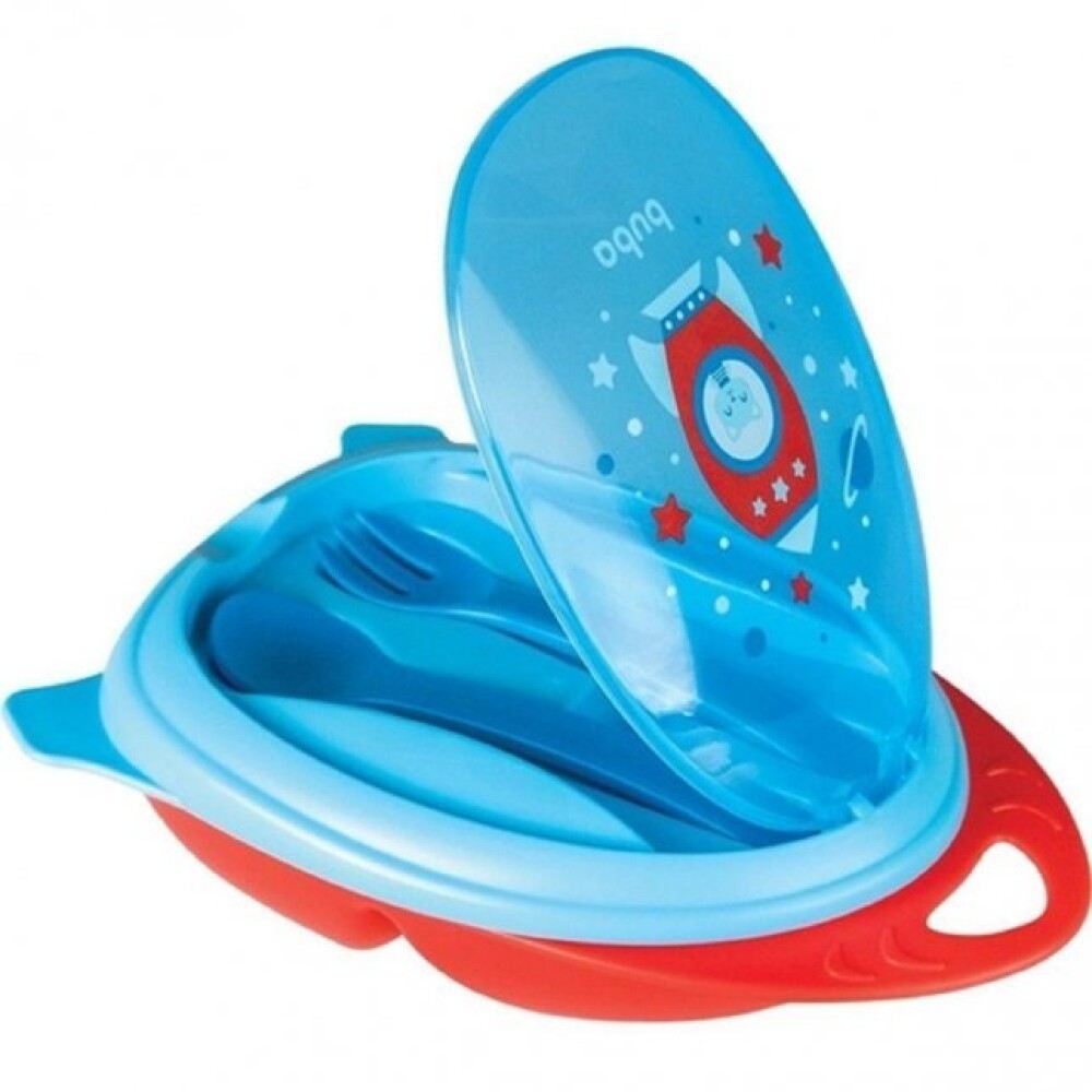 vianda tupper y cubiertos space cohete BUBA azul