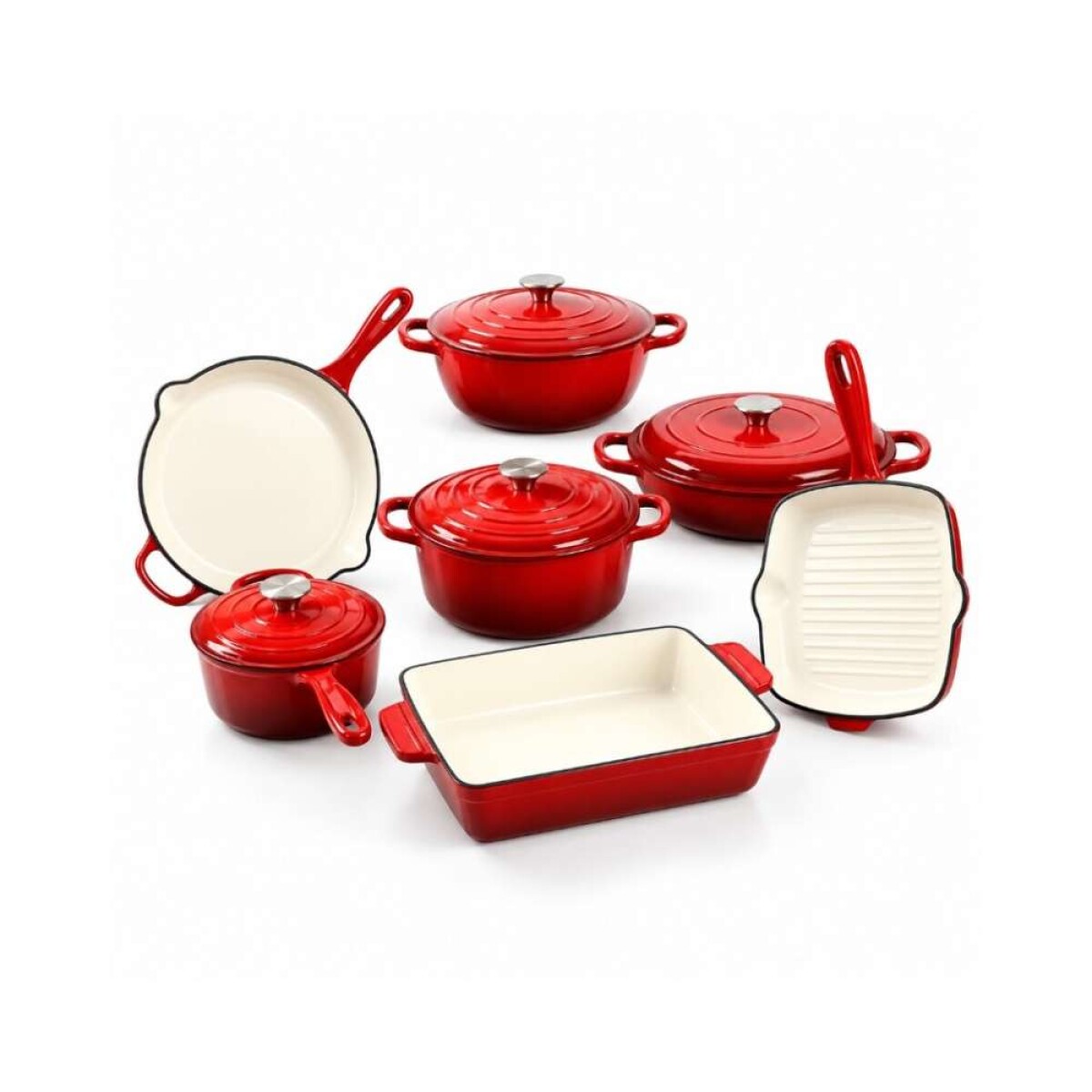 Set De Ollas De Hierro Fundido Fire King 11Pcs - Rojo 