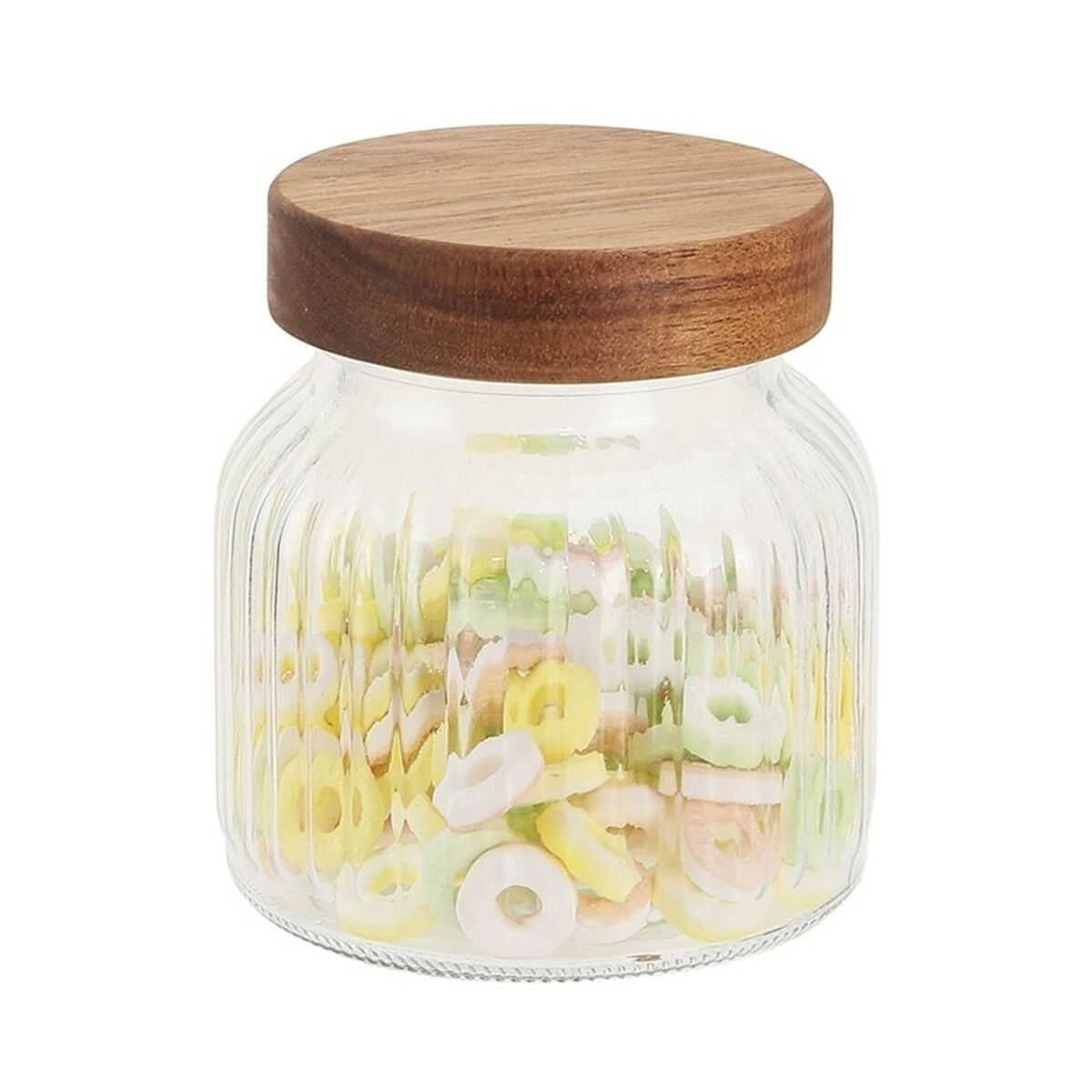 Frasco Recipiente de Vidrio Labrado 500Ml Tapa Rosca Madera - Transparente 