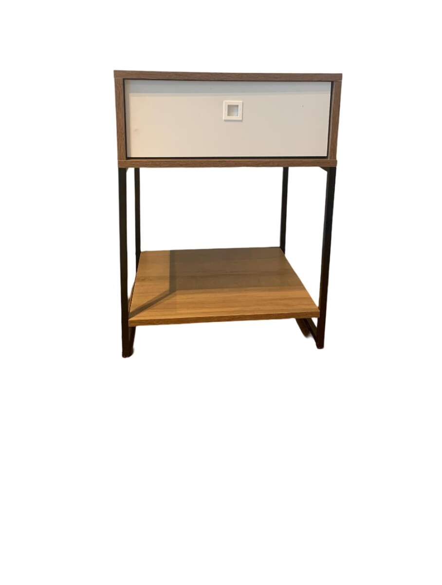 Mesa de luz 1 cajón 1 estante con metal miel y blanca 