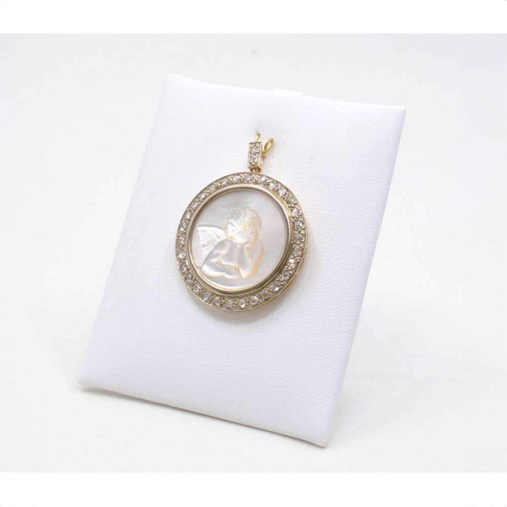 Medalla Estilo Antiguo Oro 18K, Nácar Y Diamantes Imagen Angel. Medalla Estilo Antiguo Oro 18K, Nácar Y Diamantes Imagen Angel.