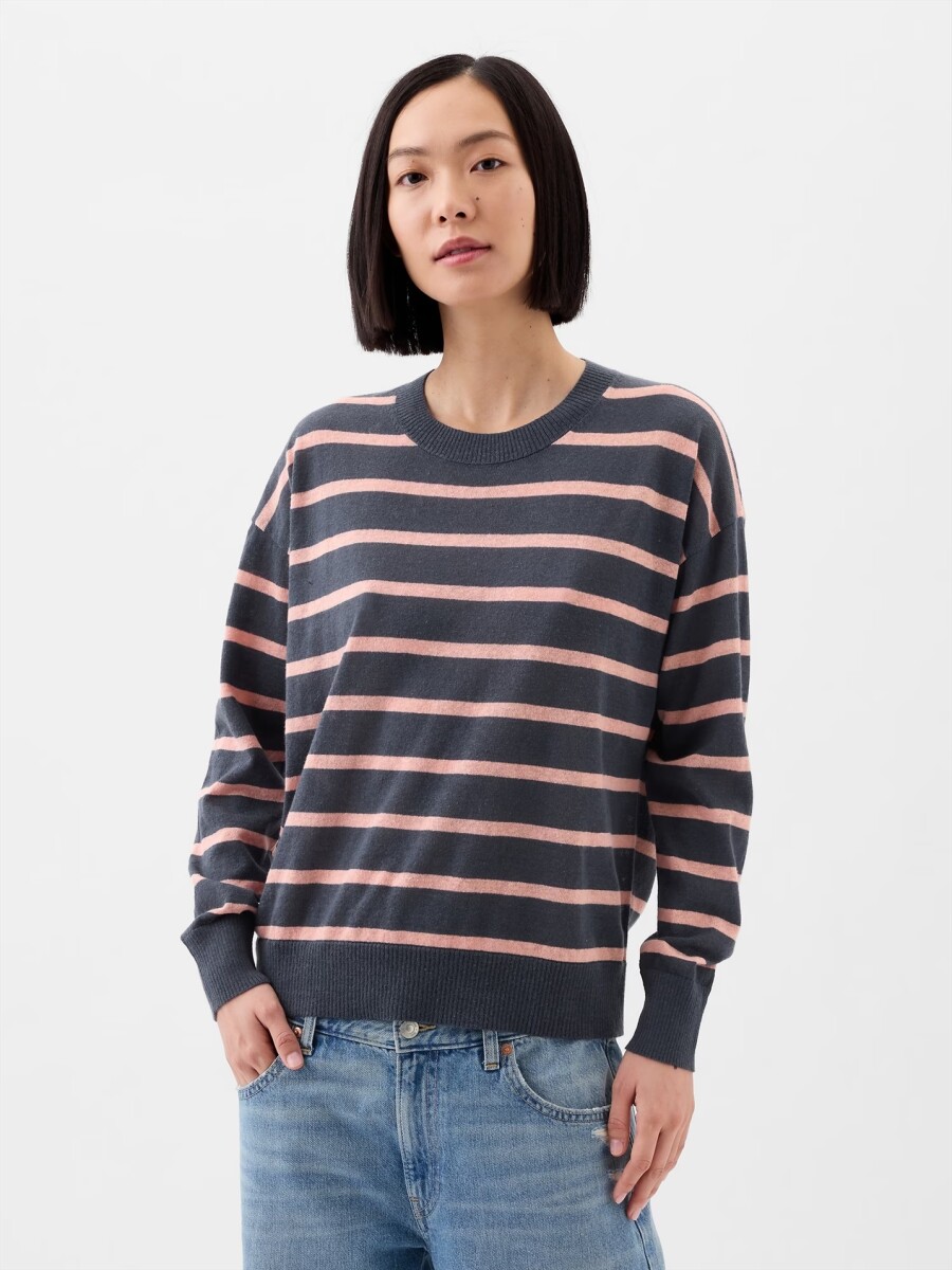 Buzo De Lino Cuello Redondo Mujer - Navy Stripe 