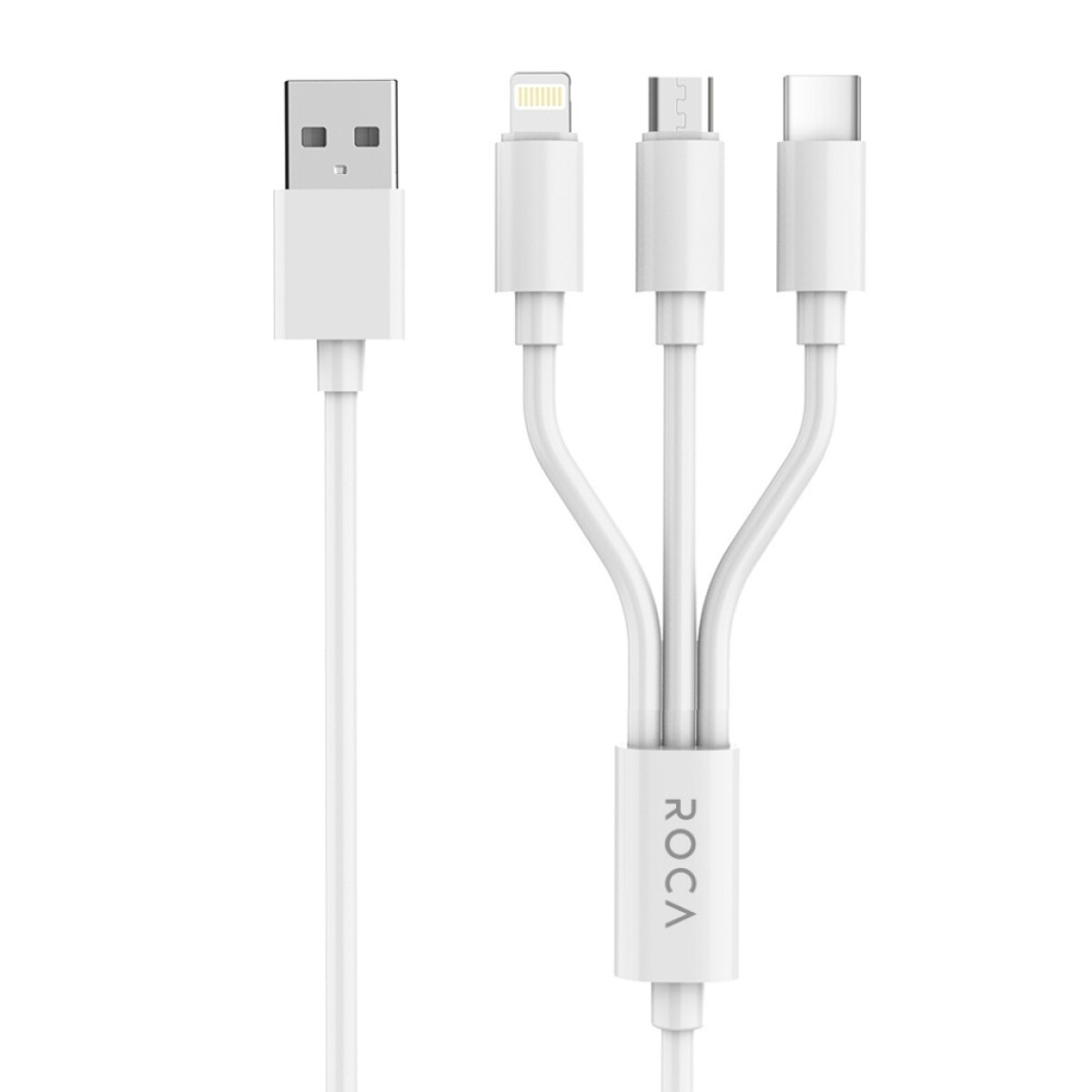 Cable 3 en 1 Roca Multipy 120cm Micro USB USB-C Lightning Blanco 