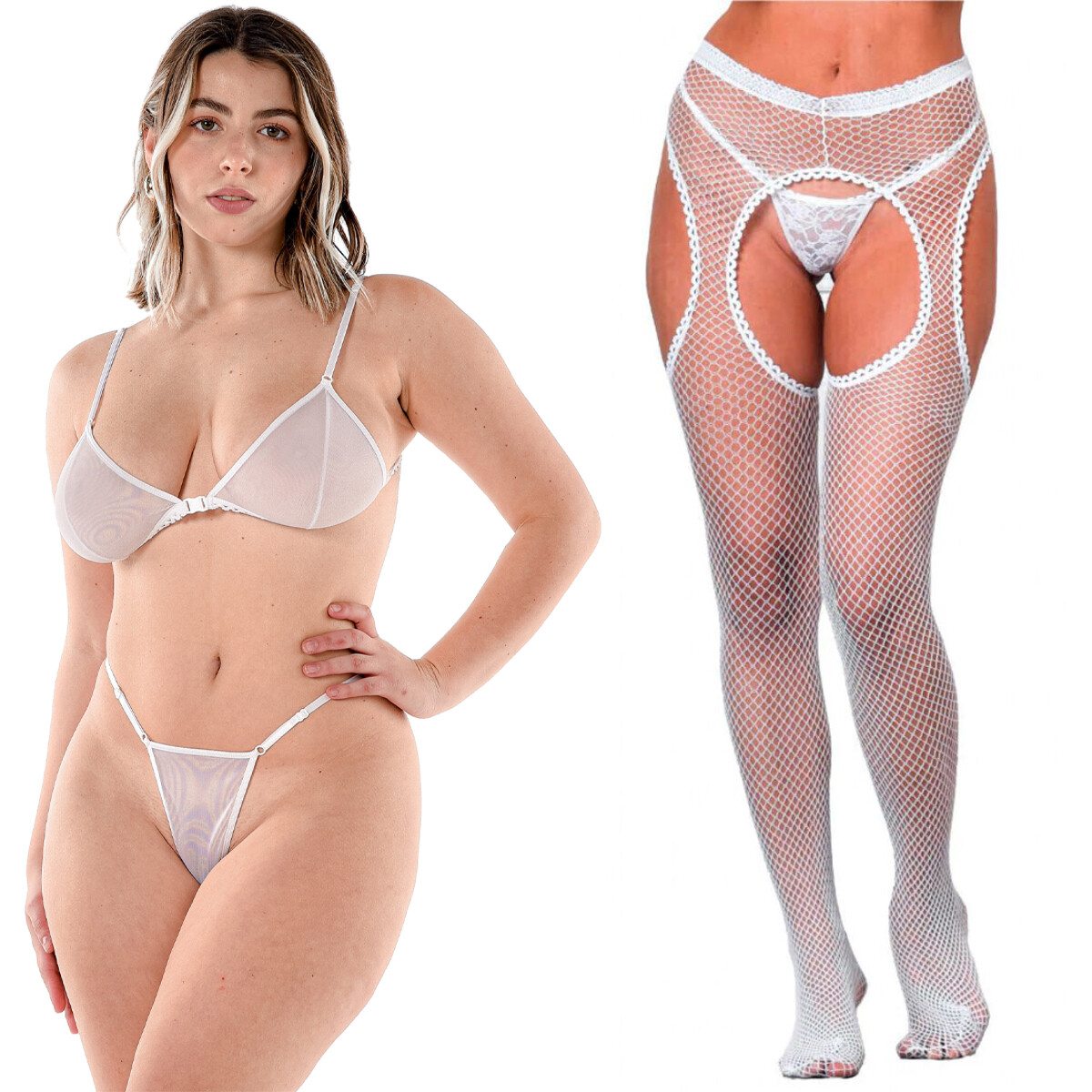 Conjunto de Tul + Panty Portaligas de Red - Blanco 