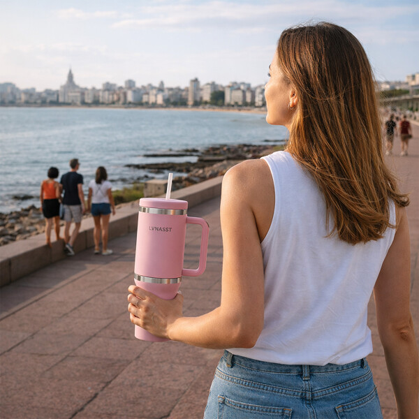 Vaso Térmico Acero inoxidable Doble 890ml + 295ml C/pajita Color Rosa