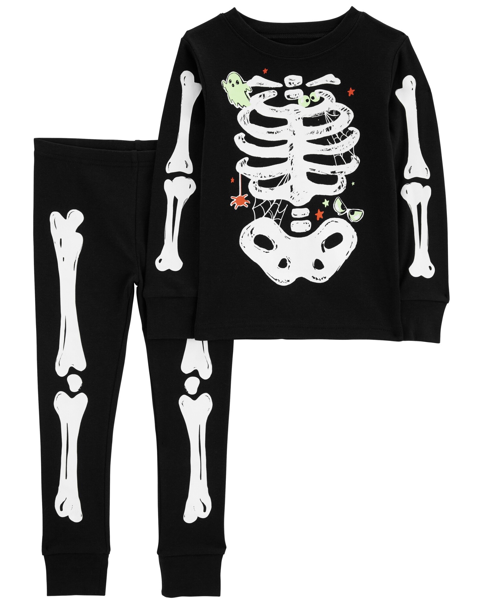 Pijama dos piezas de algodón, diseño Halloween con esqueleto resplandeciente. Talles 6-24M Sin color